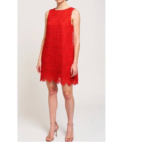 Hill House Charlie Shift Mini Dress Poppy Red Scallop Lace Small Holidays Party - Picture 2 of 9